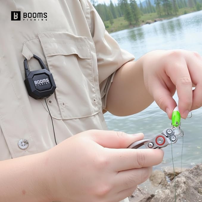 Booms Fishing Line Cutter with Retractor: Mini Fishing Scissors for Braided Line - Stainless Steel Fishing Clippers & Nippers with Safety Release Lock - Fly Tying Scissors for Men, LC1
