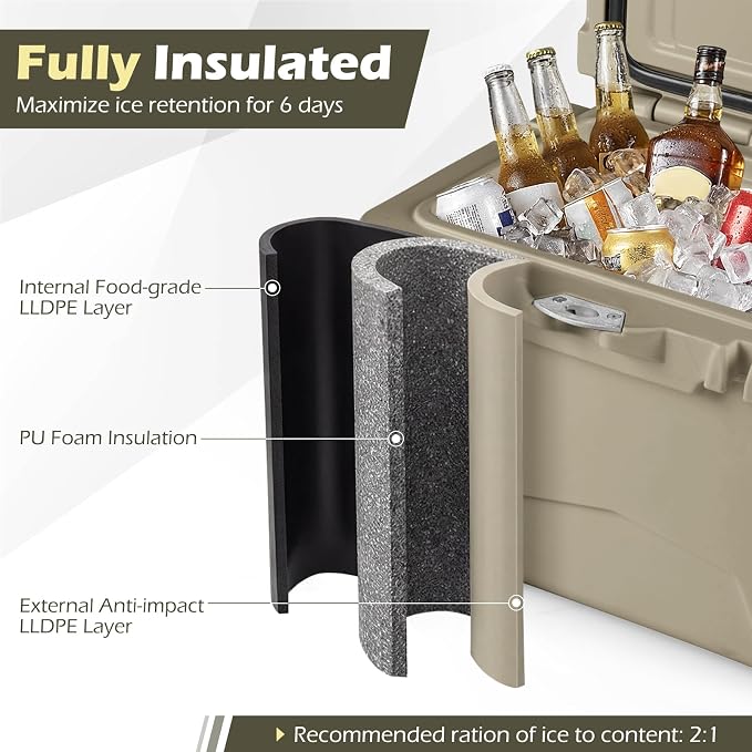 Goplus Hard Cooler, Insulated Ice Chest w/Portable Handles, Cup Holders, Ruler, Bottle Opener, 6 Day Ice Retention for Drink, Beverage, Camping, Fishing, Beach