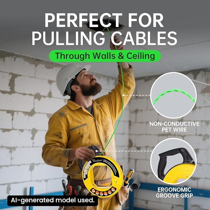 Non-Conductive Fish Tape Wire Puller 100 FT x 4.5 mm with Gloves and 7 Adapters, Flexible PET Wire Fishing Tools for Walls and Electrical Conduit, Rust-Proof
