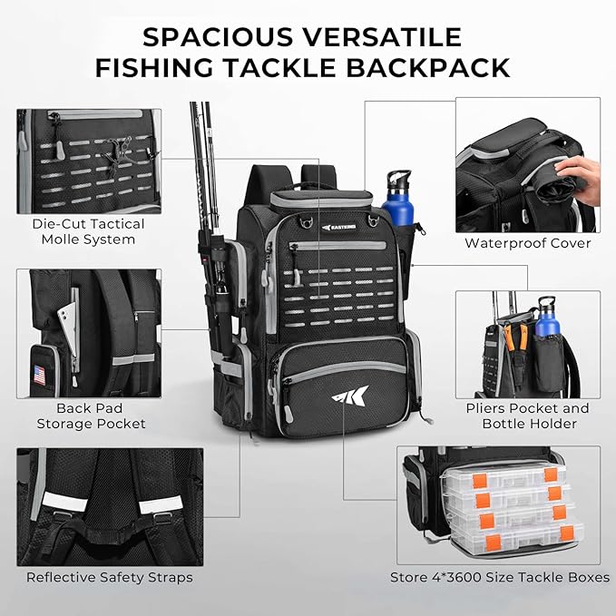 KastKing Bait Boss Fishing Tackle Backpack with Rod Holders-4 Tackle Boxes-Rain Cover,Storage for Fishing Gear