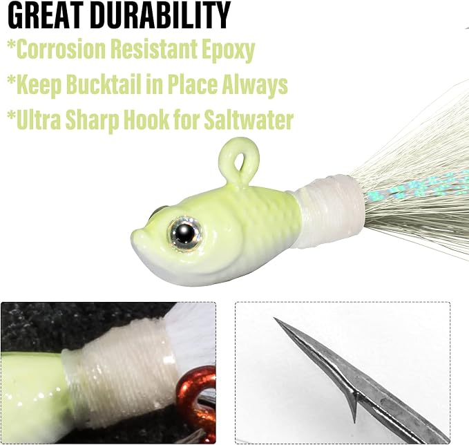 Dr.Fish 3 Pack Bucktail Jig Lure Hair Jig Saltwater Freshwater Lures Surf Fishing Bass Flounder Striper Bluefish Halibut Redfish