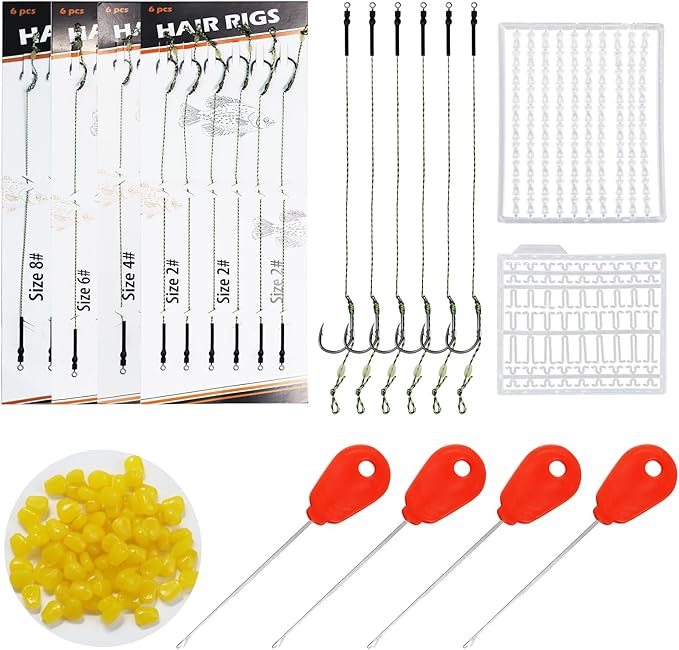 130Pcs Carp Fishing Hair Rigs Kit, 24 High Carbon Steel Curved Shank Barb Hooks, 100 Fake Corn Baits, 2 Line Bait Stoppers & 4 Baiting Needles for Carp Fishing Tackle (#2#4#6#8)