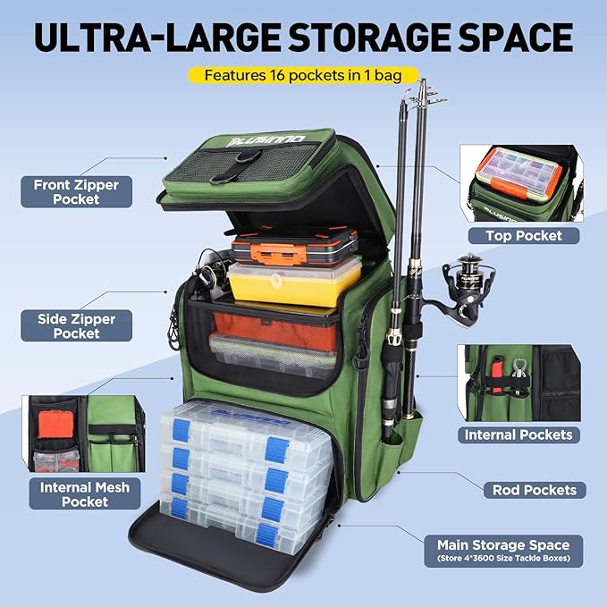 PLUSINNO Fishing Backpack with Rod Holders 4 Tackle Boxes, 42L Large Water-Resistant Fish Tackle Bag Store Fishing Gear, Camping, Hiking Gifts for Men Father, Green