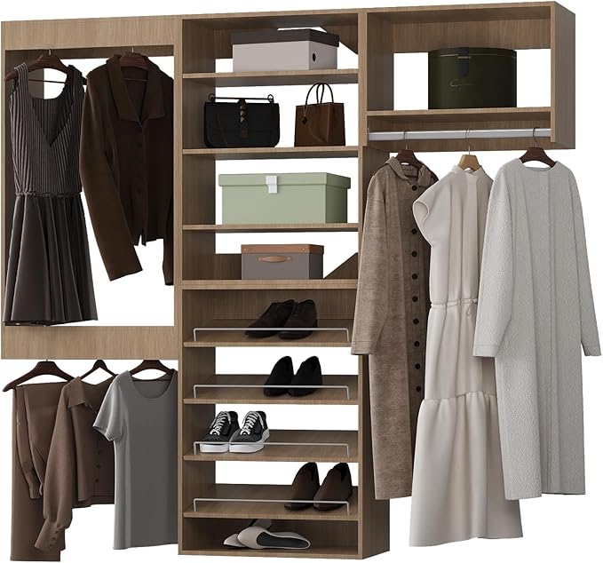 ROOMTEC Modular Closet System, 84" Wall Mounted Modern Closet Organizer with Hanging Rods and Shoe Shelf, Wooden Tower for Walk-In Closets, Wardrobe Storage Kit, Wood