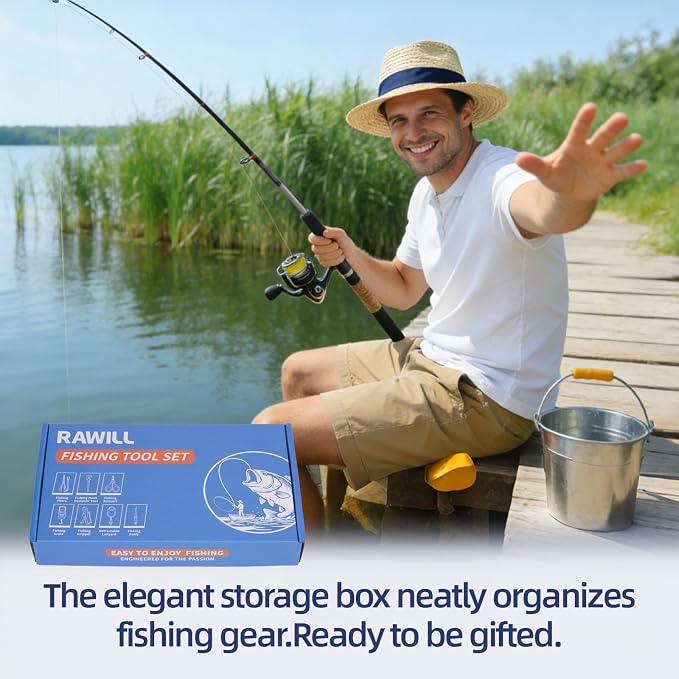 RAWILL Fishing Kit,Filleting Knife,Hook Remover,Fish Grip, Line Cutter,Fishing Scale, Pliers with Lanyards,Not Include Batteries