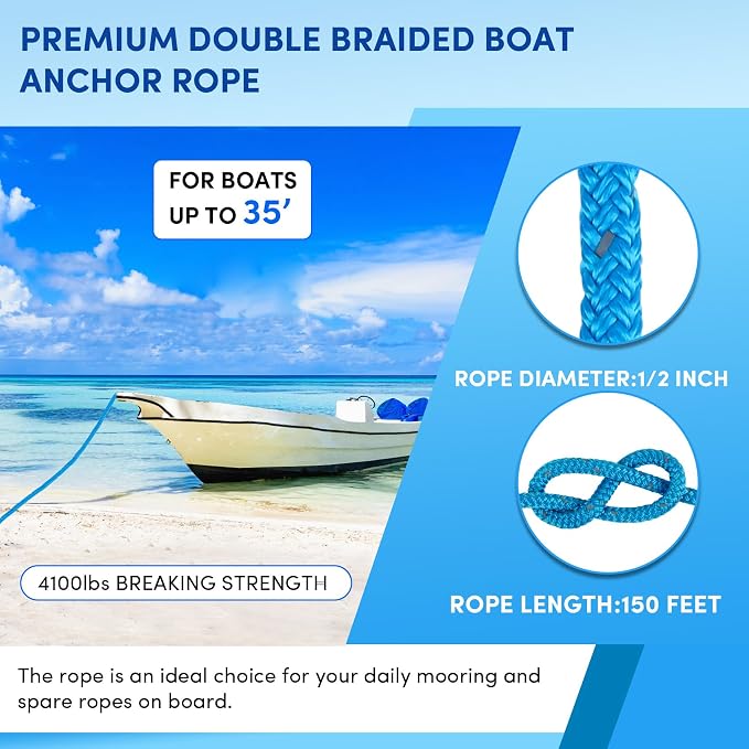 Anchor Rope 150 ft x 1/2 inch Blue, Double Braided Anchor Line with Stainless Steel Thimble & Shackle, Boat Rope with Reflective Strip Ideal for Towing,Mooring,Anchoring,for Boats Up to 35'