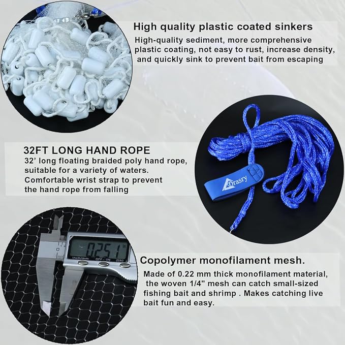 Drasry Saltwater Fishing Cast Net 3/8 and 1/4 Mesh with Heavy Duty Gray Sinker American Monofilament Fish Throw Net for Bait Trap 3FT 4FT 5FT 6FT 7FT 8FT 9FT Radius