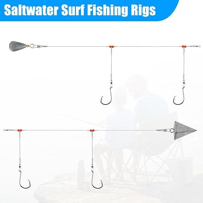 Saltwater Surf Fishing Tackle Kit - Saltwater Surf Fishing Rigs Bottom Rigs Include Fishing Leader Rigs Pyramid Sinkers Bass Casting Sinker Circle Hooks for Striped Bass Red Drum Flounder
