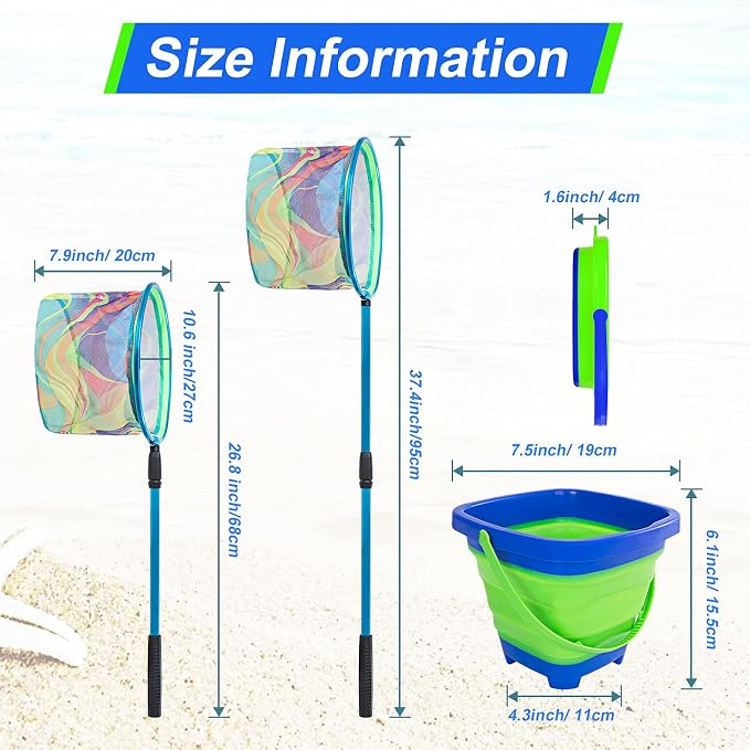 Kids Fishing Net, 2 Pack Telescopic Landing Nets with Aluminum Pole Handle, Collapsible Bucket Sand Pail, Butterfly Net, Fishing Net for Youth, Outdoor Playing