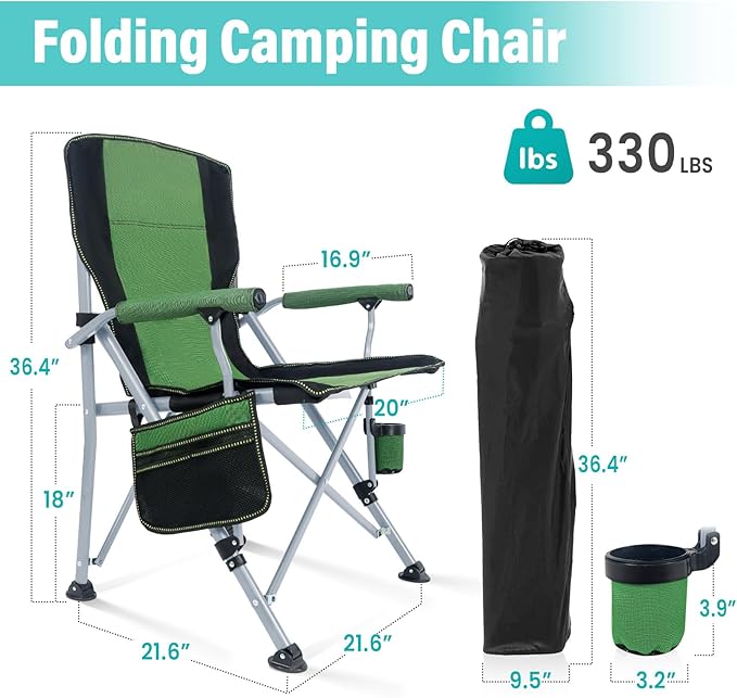 Folding Camping Chair Portable Outdoor Beach Chair, Heavy Duty Foldable Lawn chair Support 330lbs, Collapsible Lightweight Camp Chair with Cup Holder&Carry Bag for Fishing Outside Sports Picnic(Green)
