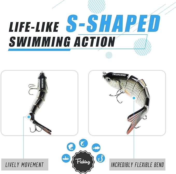 TRUSCEND Swimmax Easy Catch Fishing Lures with BKK Hooks, Wiggling, Vibrating, Rattling and Gurgling for More Bites, Heavy-Duty Dyneema Fiber Jointed Swimbaits for Bass, Trout, Crappie, Walleye, Pike