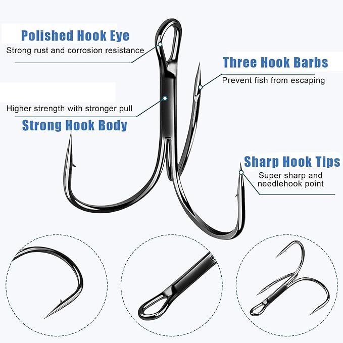 Fishing Treble Hooks Triple Fishing Hooks High Carbon Steel Barbed Sharp Round Bend Treble Hooks Replacement for Hard Lures Bait