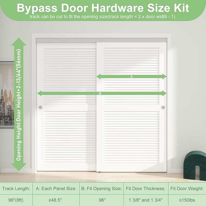 8FT/96(Double 4FT) Bypass Door Hardware, Aluminum Double-Closing Sliding Closet Door Hardware with Finger Pull Included, Smoothly and Quietly, Fit Door Thickness 1 3/8" or 1 3/4", Silver