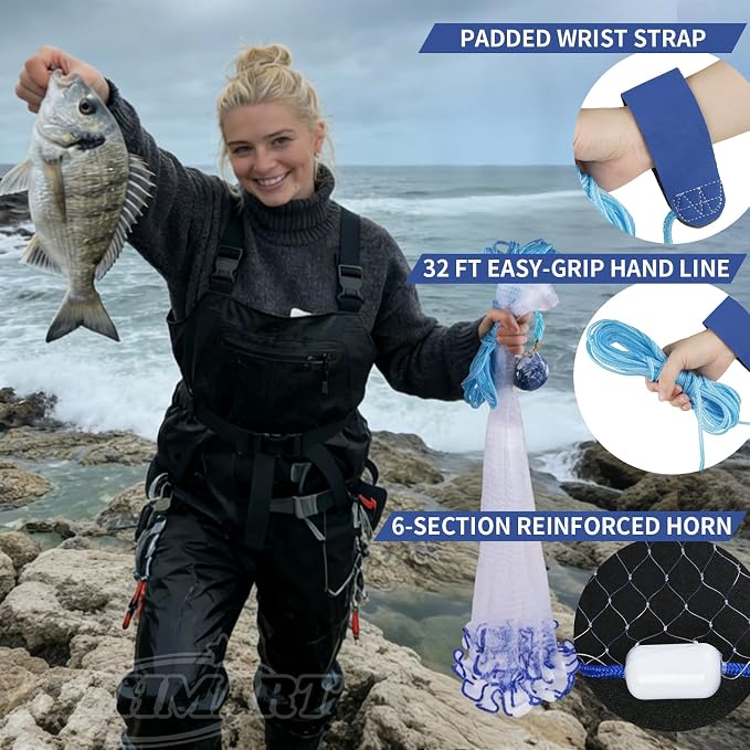 Yeahmart Handmade American Cast Net, 3ft-8ft Radius Casting Net for Saltwater & Freshwater, 3/8 Inch Mesh Monofilament Bait Trap Rust-Proof PVC Coated Sinkers, Easy Throw, Bucket & Repair Kit Included