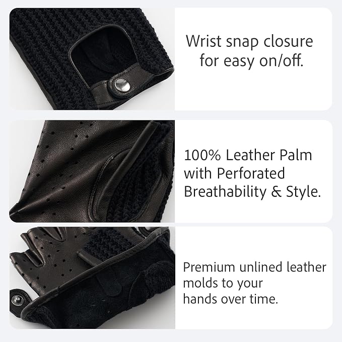 Fingerless Driving Gloves for Men– Soft Lambskin Leather, Crochet String Back