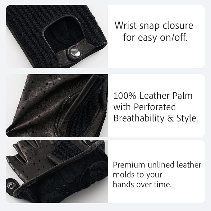 Fingerless Driving Gloves for Men– Soft Lambskin Leather, Crochet String Back