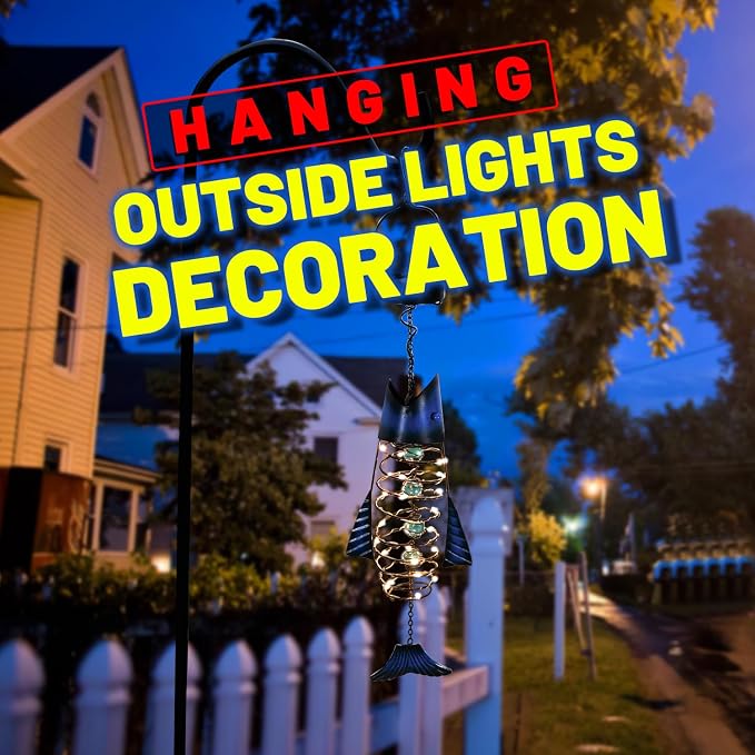 HONGLAND Patio Deals, Solar Lanterns Outdoor Waterproof, 2 Pack Metal Fish Lantern with Warm White LED Lights for Garden, Yard, Gifts for Fishermen & Holiday Decor