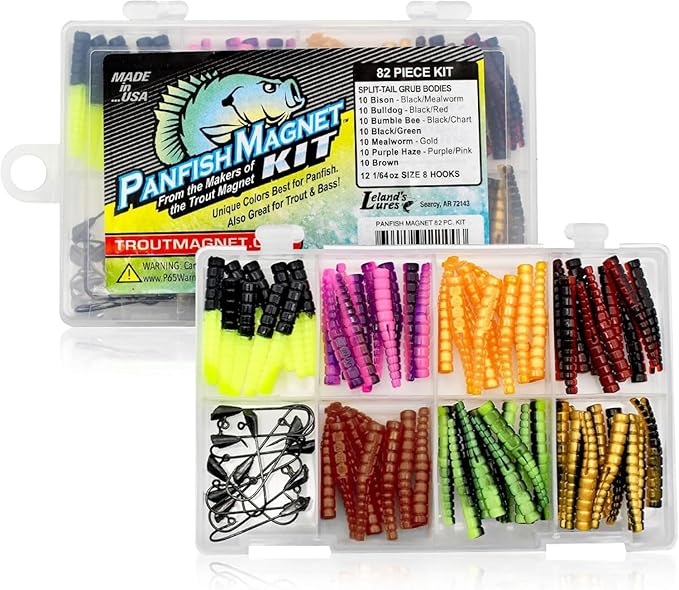 Trout Magnet 82 Piece Panfish Magnet Kit, with A Longer Shad Dart Hook, Includes 70 Split Tail Grub Bodies, 12 Black Size 8 Mustad Hooks, Catches All Types of Fish