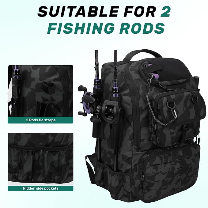 Pyrrhus 40L Fishing Backpack with Rod Holders & Insulated Cooler Compartment, Camping Cooler Tackle Storage for Anglers