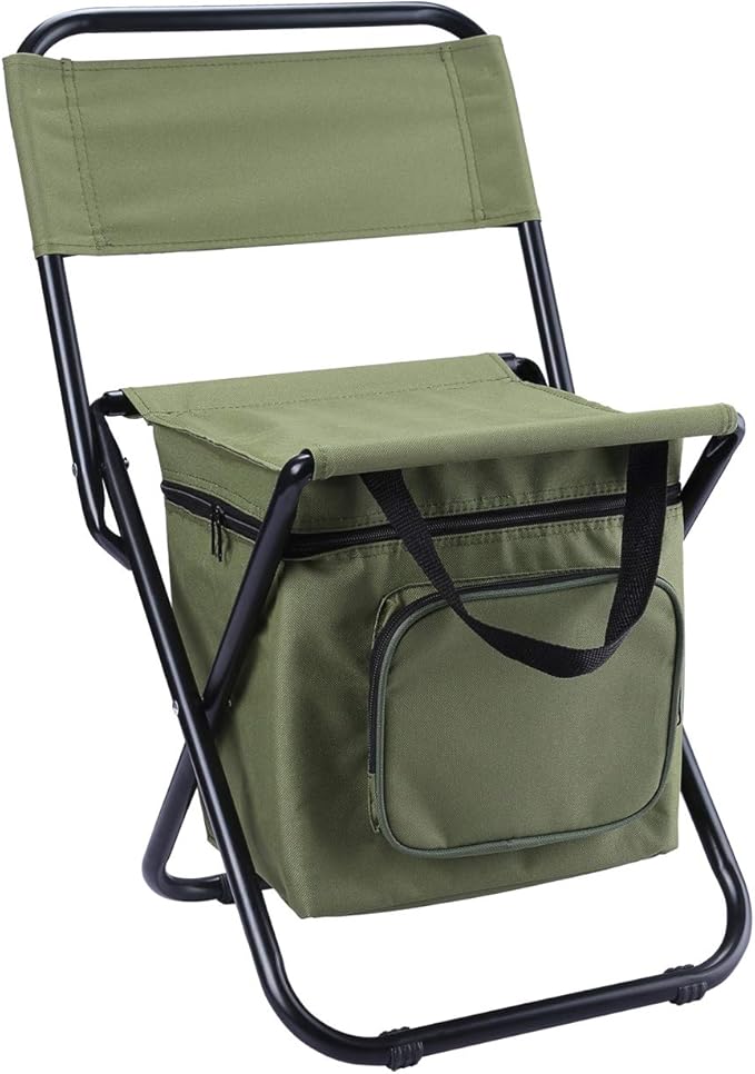 LEADALLWAY Fishing Chair with Cooler Bag Compact Fishing Stool Foldable Small Hunting Chair 12.2" Seat Depth,12.6" Seat Width