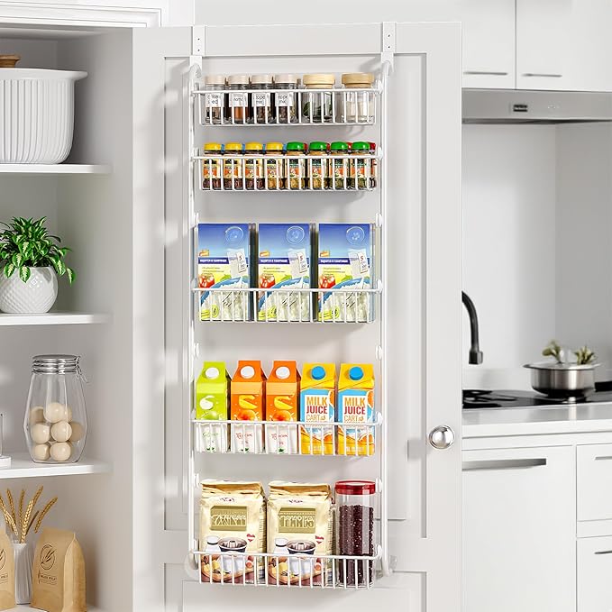 Delamu Over The Door Pantry Organizer, 5-Tier Pantry Door Organizers and Storage with Adjustable Basket, Metal Hanging Spice Rack, Seasoning Organizer, Door Organizer for Home Kitchen Bathroom, White