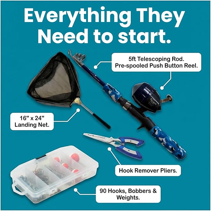 Kids Fishing Pole and Tackle Box Kit - Complete Fishing Kit for Beginners with Rod, Reel, Net & Fish Hook Remover Pliers and Carry Bag, Hands-Free Experience for Boys & Girls