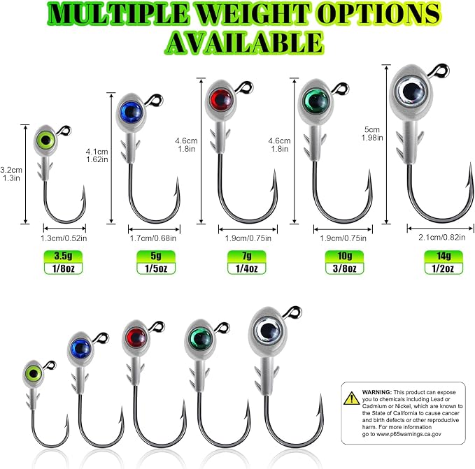 3D Fish Eye Jig Heads, 5 Colors with Lifelike Eyes, Multi Weights, Barbed Fishing Hooks for Walleye Bass Crappie