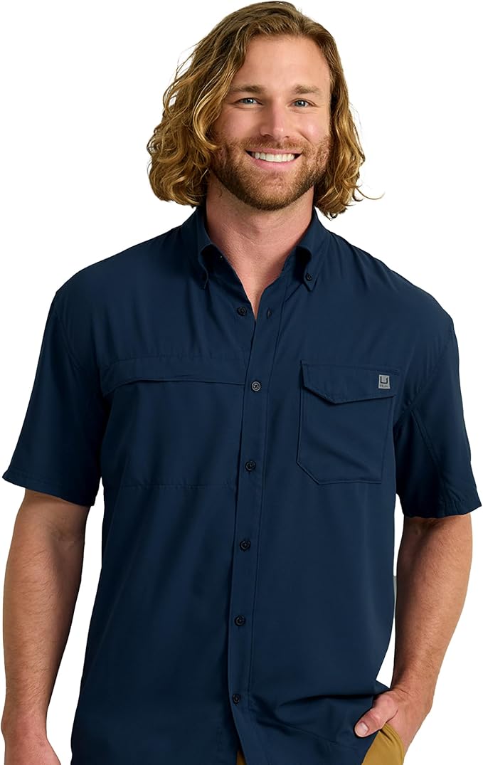 HUK Men's Tide Point Kc Scott Original Artwork Short Sleeve Shirt, Fishing Button Down