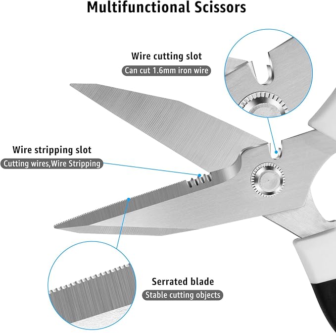BoFuYuan 8-Inch Utility Scissors All Purpose Heavy Duty, Serrated Blade, White Comfort Grip for Cutting Carpet, Cardboard, Leather, Fabric, Multipurpose Sharp Shears for Kitchen, Garden, Office, Carft