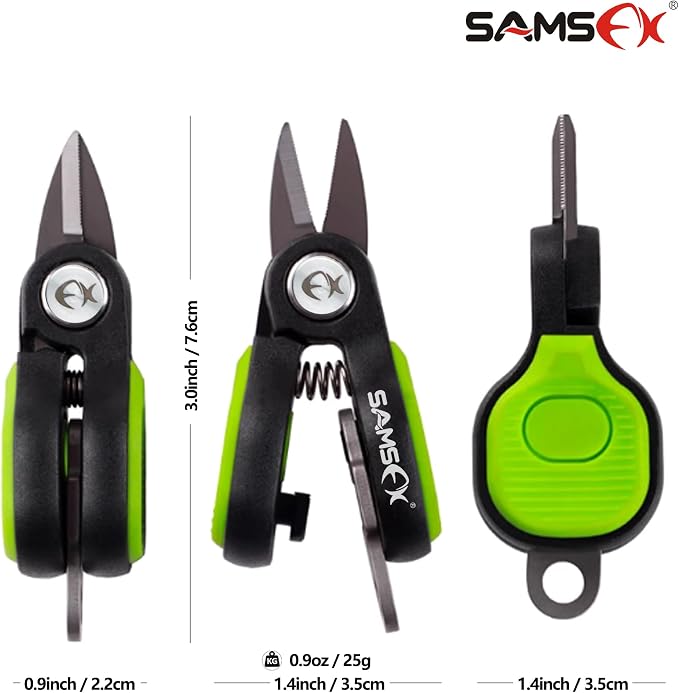SAMSFX Fishing Nipper with Retractable Tether, Stainless Steel Blades that Cut Braid, Mono and Fluoro Lines, SNIP, Fishing Line Cutters (Green)