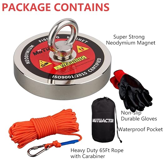 MUTUACTOR Fishing Magnet Kits Heavy Duty,1200lb Super Strong Noedymium Rare Earth Magnets with 65Ft Rope,Anti-Slip Gloves,Waterproof Bag,Plastic Scraper for Retrieving Treasure in Rivers