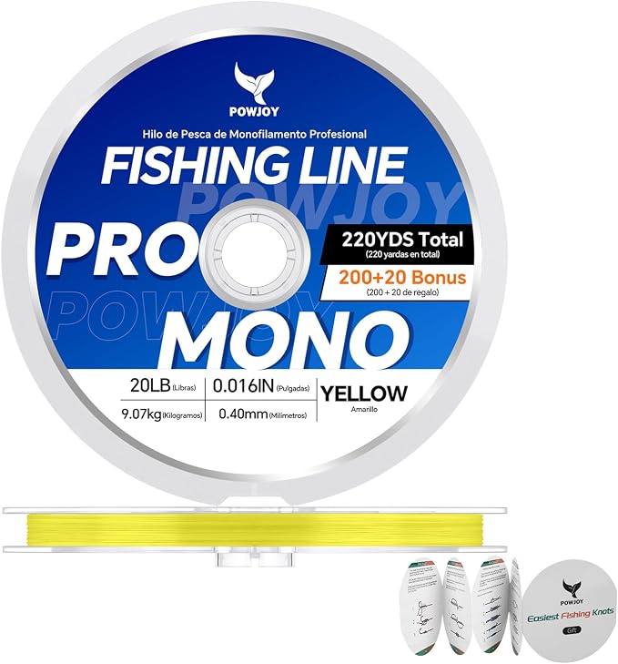 Pro Monofilament Fishing Line with Knot Instruction Cards for Multi Purpose Cost Effective, Strong Yet Thin Nylon String for Big Fishes, Tangle-Free & UV Resistant, 15/20/30/50/80LB