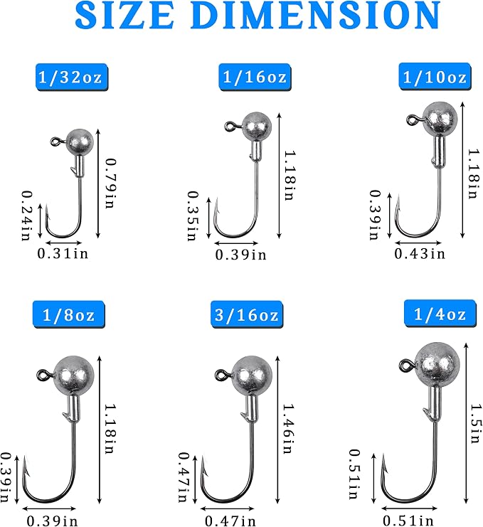 Jig Heads Fishing Hooks Crappie Jigs Unpainted Jig Heads Round Ball Sharp Fishing Jigs Hooks for Bass Trout Crappie Walleye Saltwater Freshwater