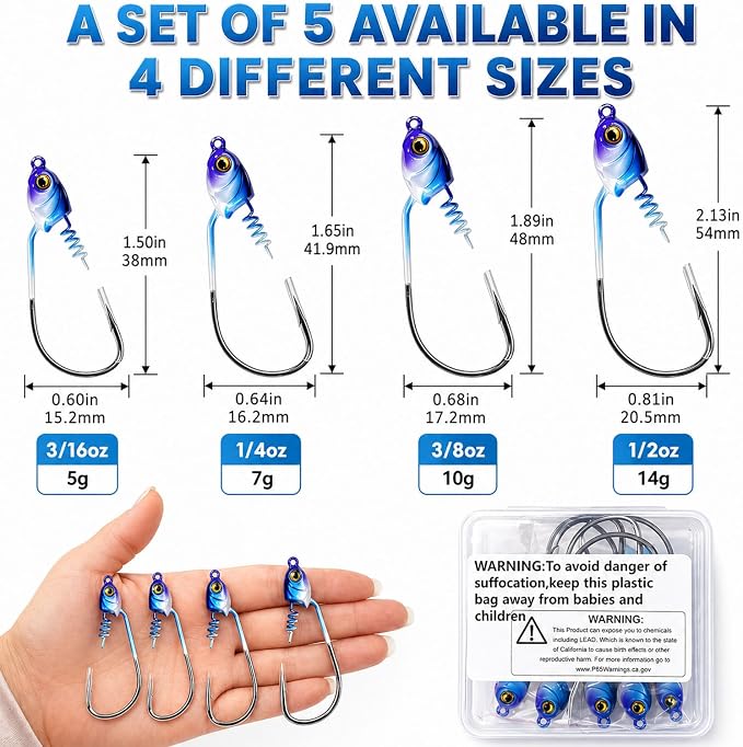 Swimbait Jig Heads for Bass Fishing, Weighted Jig Hooks for Paddle Tail Soft Plastic Lures, 3/16oz 1/4oz 3/8oz 1/2oz High Carbon Steel, Freshwater Saltwater Fishing