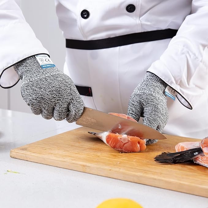 Dowellife 12 Pairs Cut Resistant Gloves Food Grade Level 5 Protection, Safety Kitchen Cuts Gloves for Mandolin Slicing, Fish Fillet, Oyster Shucking, Meat Cutting and Wood Carving (Black Gray, Large)