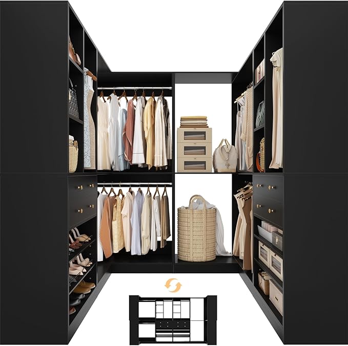 Closet System with 4 Drawers & Corner Tower, Closet Organizer System with 4 Hanging Robs, Reversible U Shaped Walk-in Closet System, Load 2600+LBS Capacity, Set of 4, Black