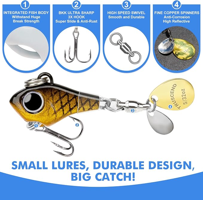 TRUSCEND Vibespinner Easy Catch Fishing Lures with BKK Hooks, Tail Spinner Baits with 4 Actions, Vibrating Swimming Flashing & Jigging for More Bites, Spoon Lures for Bass Trout Crappie Walleye Pike