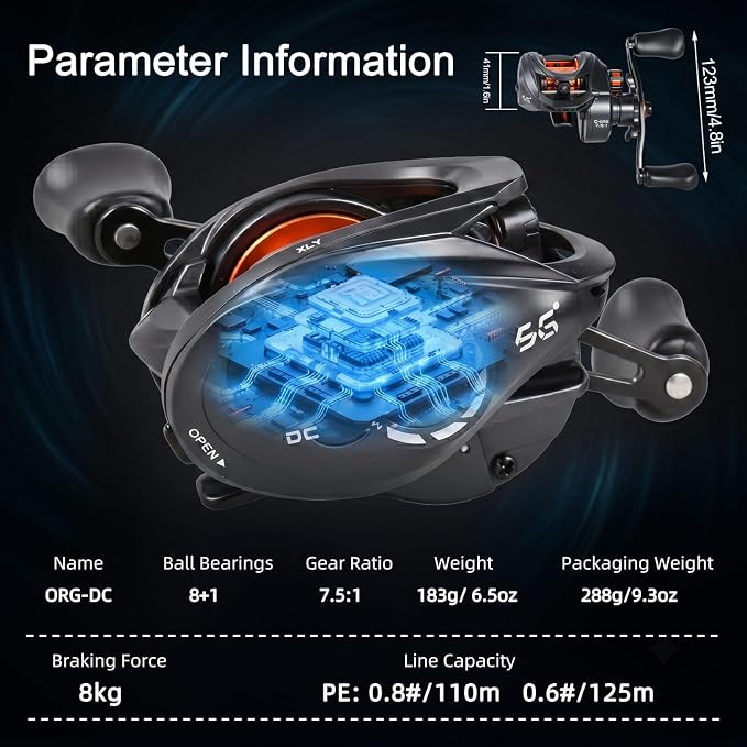 SOUGA DC Baitcaster Reel, Smart Digital Anti Backlash Baitcasting Reel, 7.5:1 High Speed, 8+1 Bearings, 18LB Max Drag, CNC Aluminum Spool, Line Out Alarm, Low Profile Fishing Reel for Bass & Beginners