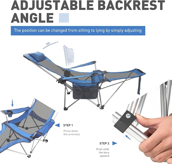 Zero Gravity Chair Reclining Folding Chair with Removable Footrest and Pillow & Cup Holder, Adjustable Outdoor Oxford Fabric Lounge Recliner for Camping, Beach, Garden, Patio, Blue Mesh