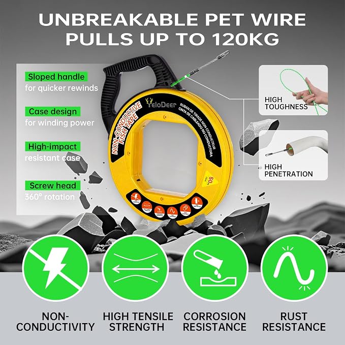 Fish Tape Wire Puller 50 FT x 4.5 mm with Gloves, PET Wire Fishing Tools for Walls and Electrical Conduit