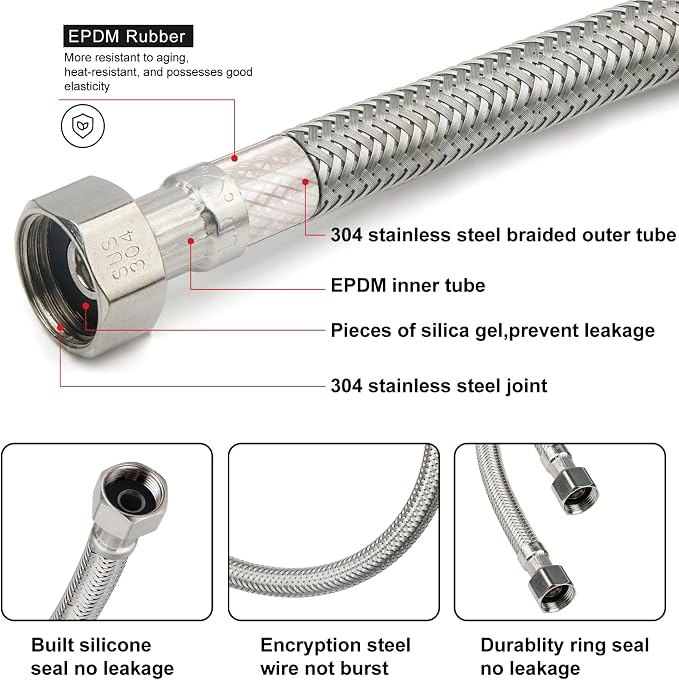 Midanya Faucet Supply Lines,48" Stainless Steel Braided Water Supply Line, 1/2" FIP x 3/8" COMP Faucet Hose, Faucet Hose Connector x 2 Pcs (1 Pair)