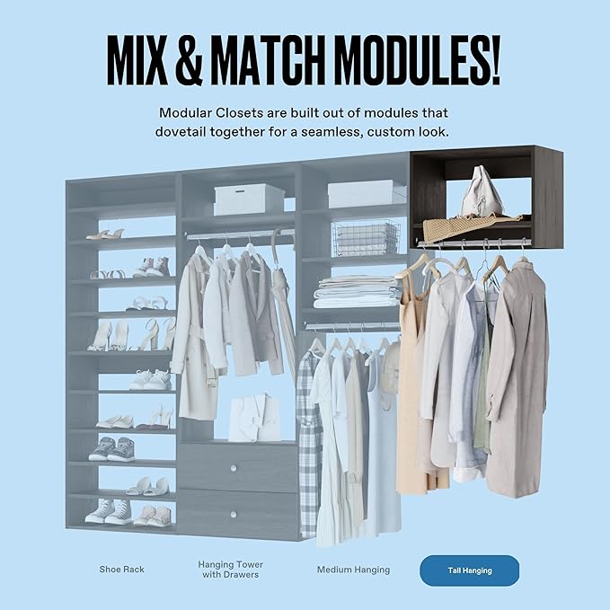 Tall Hanging Closet Unit - Modular Closet System For Hanging - Closet Organizers And Storage Shelves (Grey, 24 inches Wide)