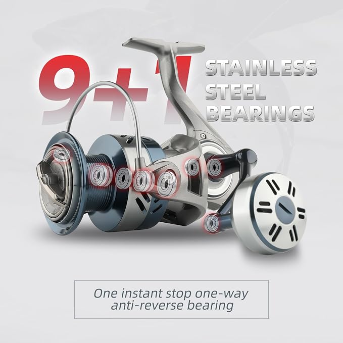 Rooblinos SW Long Shot Jigging Spinning Reel, Full Metal Body,Ultra Smooth,Powerful,Saltwater Big Fishing Reel 4000/6000/8000,9+1 BB, 66LB Max Drag, Lightweight, Inshore Offshore Surf Reel