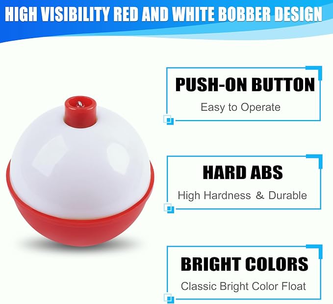 AGOOL Fishing Bobbers Set Snap Hard ABS on Red/White Fishing Floats Bobbers Push Button Round Buoy Floats Tackle Accessories Size: 0.5/0.75/1/1.25/1.5/2/2.5 Inch