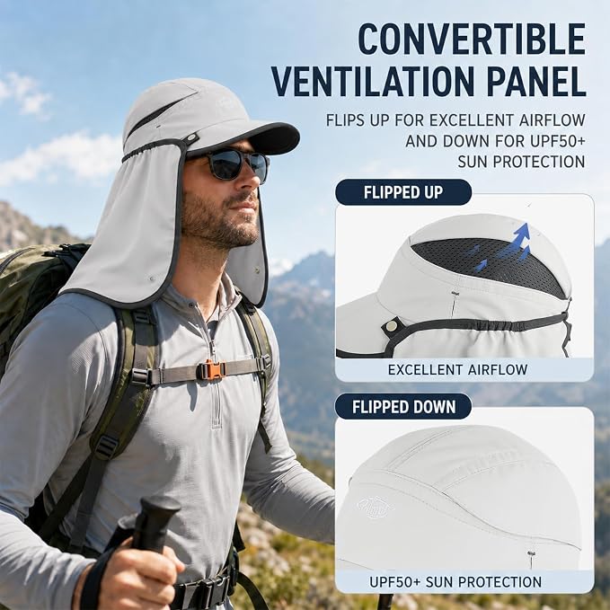 Palmyth Fishing Sun Hat with Detachable Neck Flap UPF 50+ Lightweight Hiking Hats Sunglass Lock Baseball Cap for Men Women
