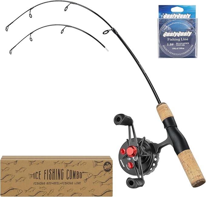 QualyQualy Ice Fishing Rod and Reel Combo 24 inch M/ML Inline Ice Fishing Combos 2 Different Tips for Walleye Perch Panfish and Trout