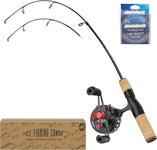 QualyQualy Ice Fishing Rod and Reel Combo 24 inch M/ML Inline Ice Fishing Combos 2 Different Tips for Walleye Perch Panfish and Trout