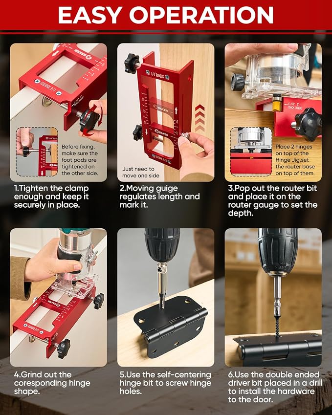 Saker Door Hinge Jig,Adjustable Door Jamb Hinge Jig,Aluminum Alloy Doors Hinges Router Jigs,Fits Door Hinges from 2.5" to 5" Length and Thicknesses,Radius 1/4” or Radius 5/8”