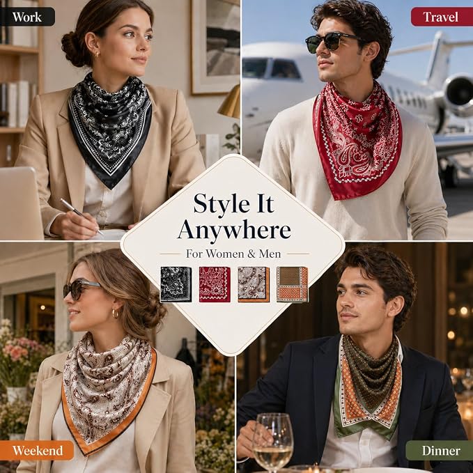 4PCS Neck Scarf Bandanas for Men and Women, Silk Feeling Head Scarfs, Fashion Neckerchief Square Purse Scarf