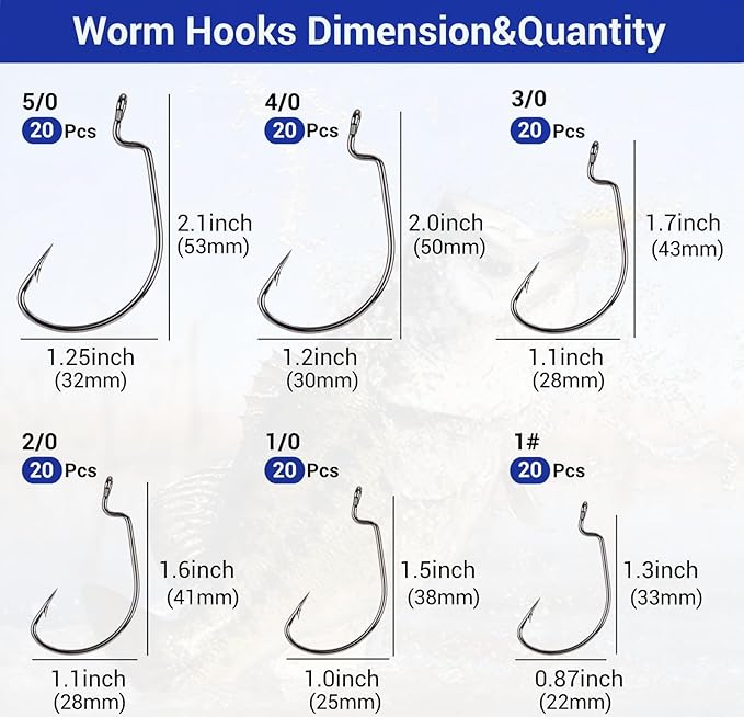120Pcs Bass Hooks Set, Strong Offset Bass Fishing Hooks Freshwater Barbed Sharp Worm Hooks for Texas Rigging Fishing Extra Wide Gap 6 Sizes Assorted #1 1/0 2/0 3/0 4/0 5/0
